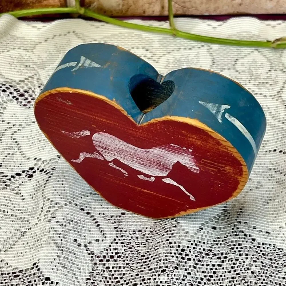VTG Hand Painted Wood Heart Horse Small Candle Holder Cottage Farmhouse